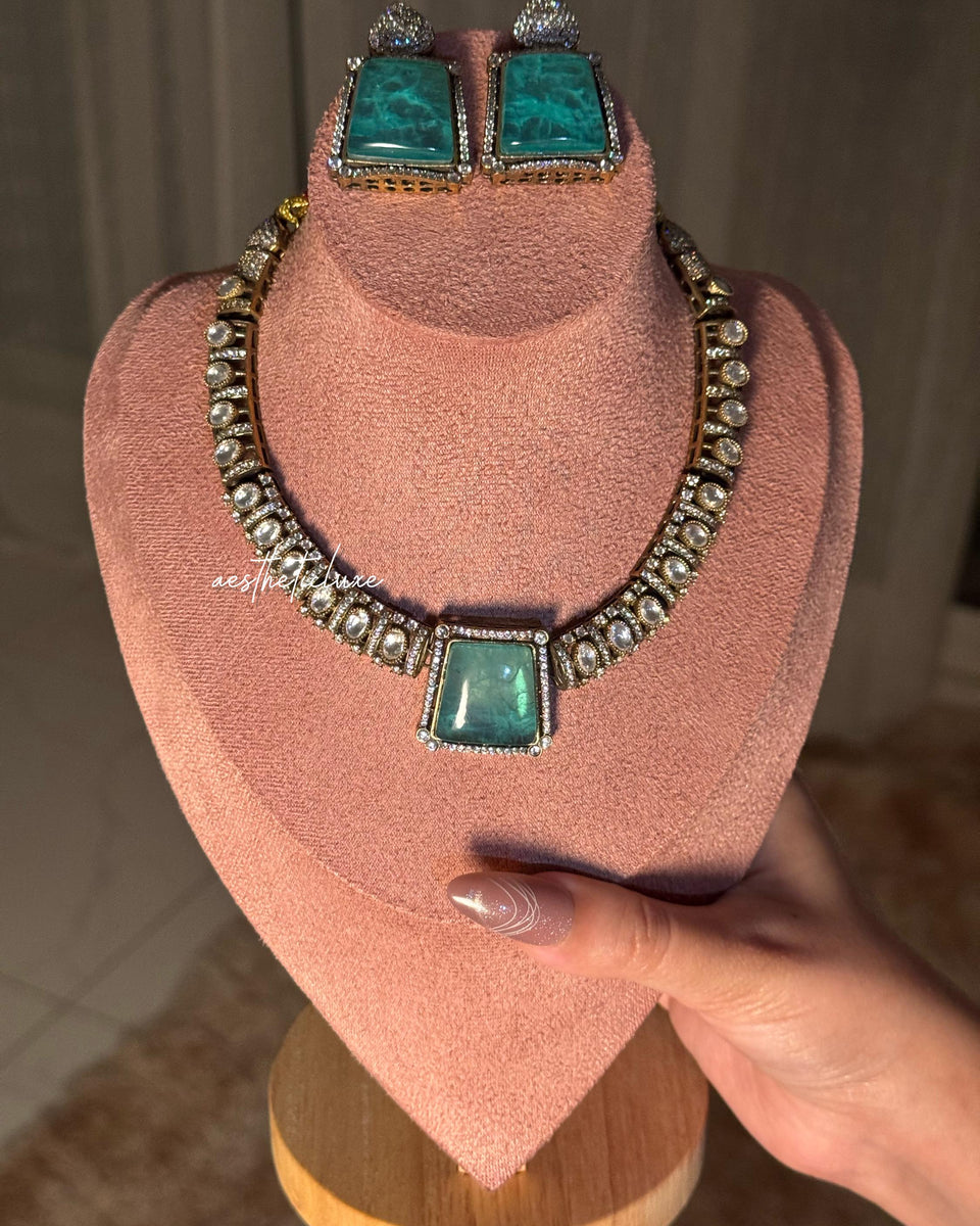 Tyaani Inspired Green Bridal CZ Necklace Set | Emerald Doublet Stone Polki Kundan Gold Plated Wedding Jewelry for Reception & Engagement