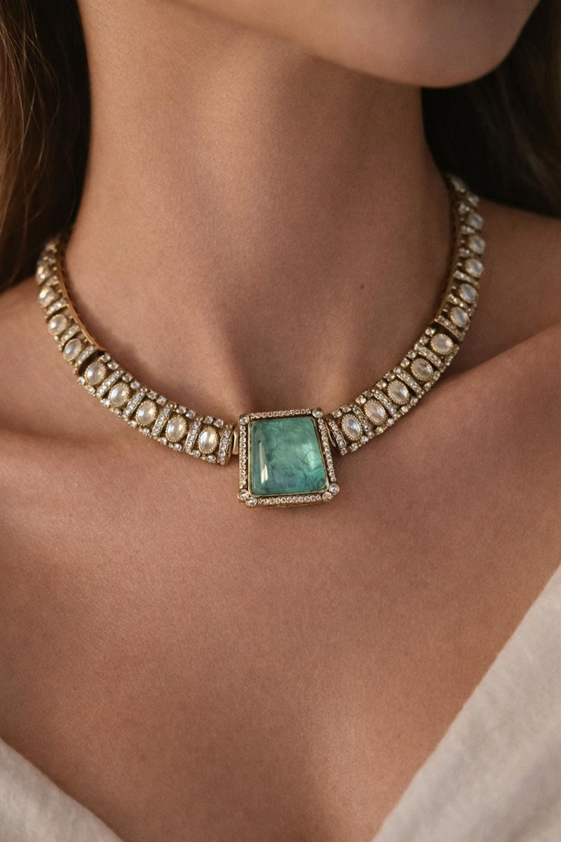 Tyaani Inspired Green Bridal CZ Necklace Set | Emerald Doublet Stone Polki Kundan Gold Plated Wedding Jewelry for Reception & Engagement