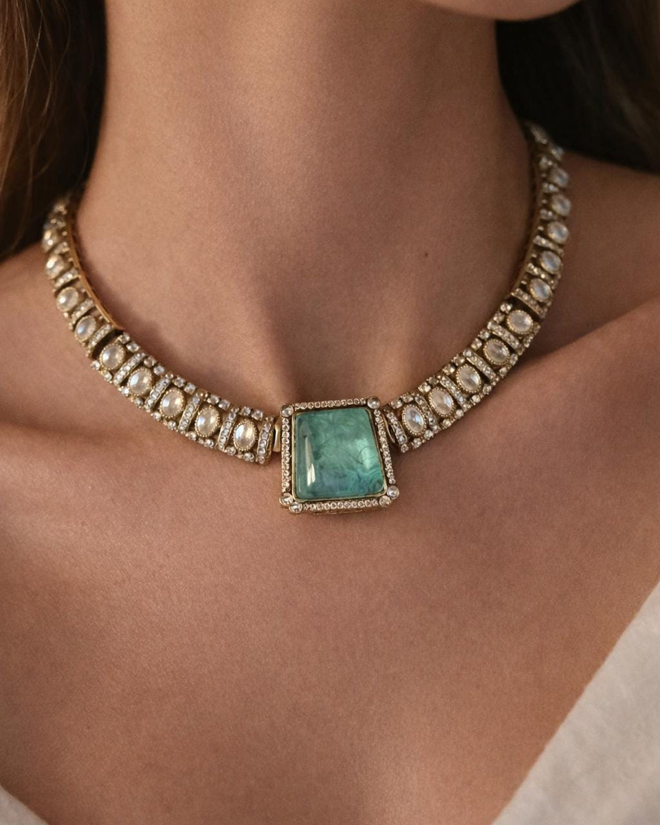 Tyaani Inspired Green Bridal CZ Necklace Set | Emerald Doublet Stone Polki Kundan Gold Plated Wedding Jewelry for Reception & Engagement
