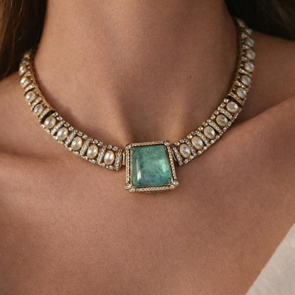 Tyaani Inspired Green Bridal CZ Necklace Set | Emerald Doublet Stone Polki Kundan Gold Plated Wedding Jewelry for Reception & Engagement