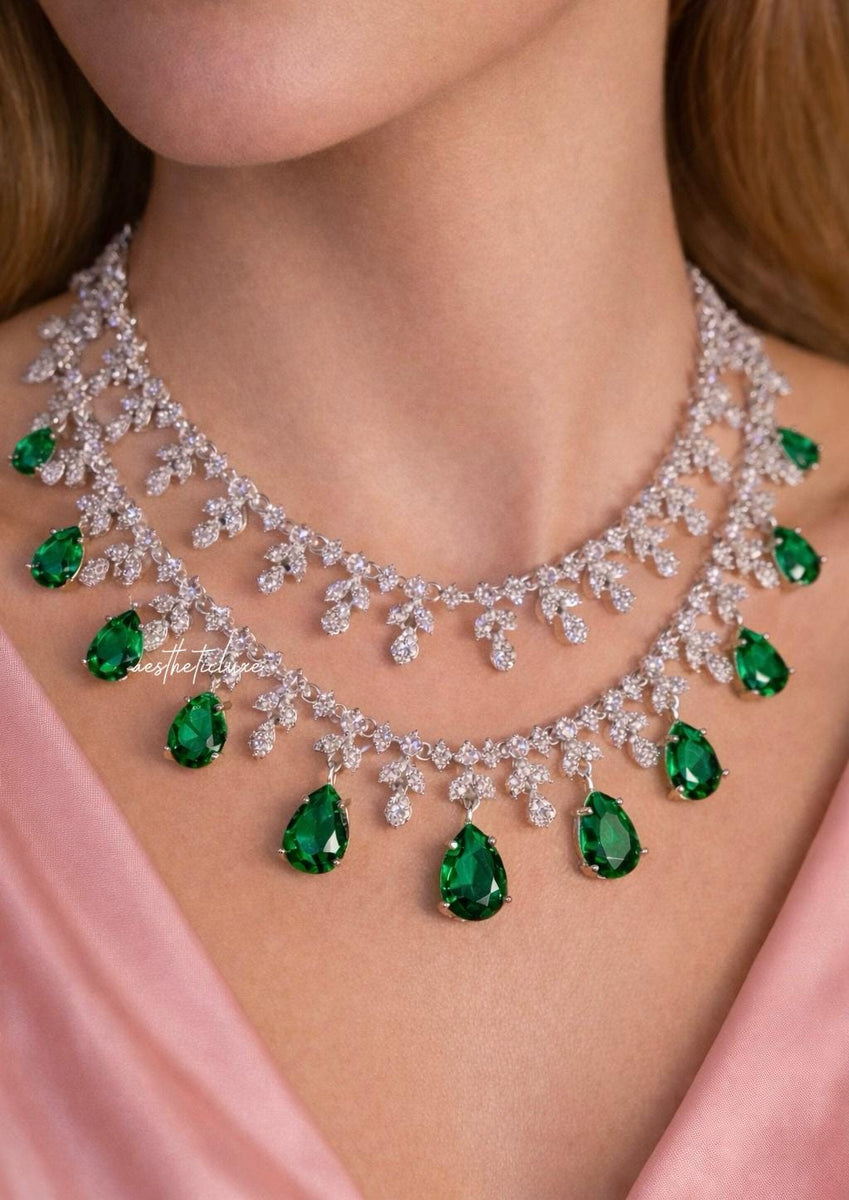 Tara Sutaria Inspired Emerald American Diamond 2 Layer Necklace Set with Earrings and Tikka | CZ AD Green Bridal Wedding Engagement Jewelry