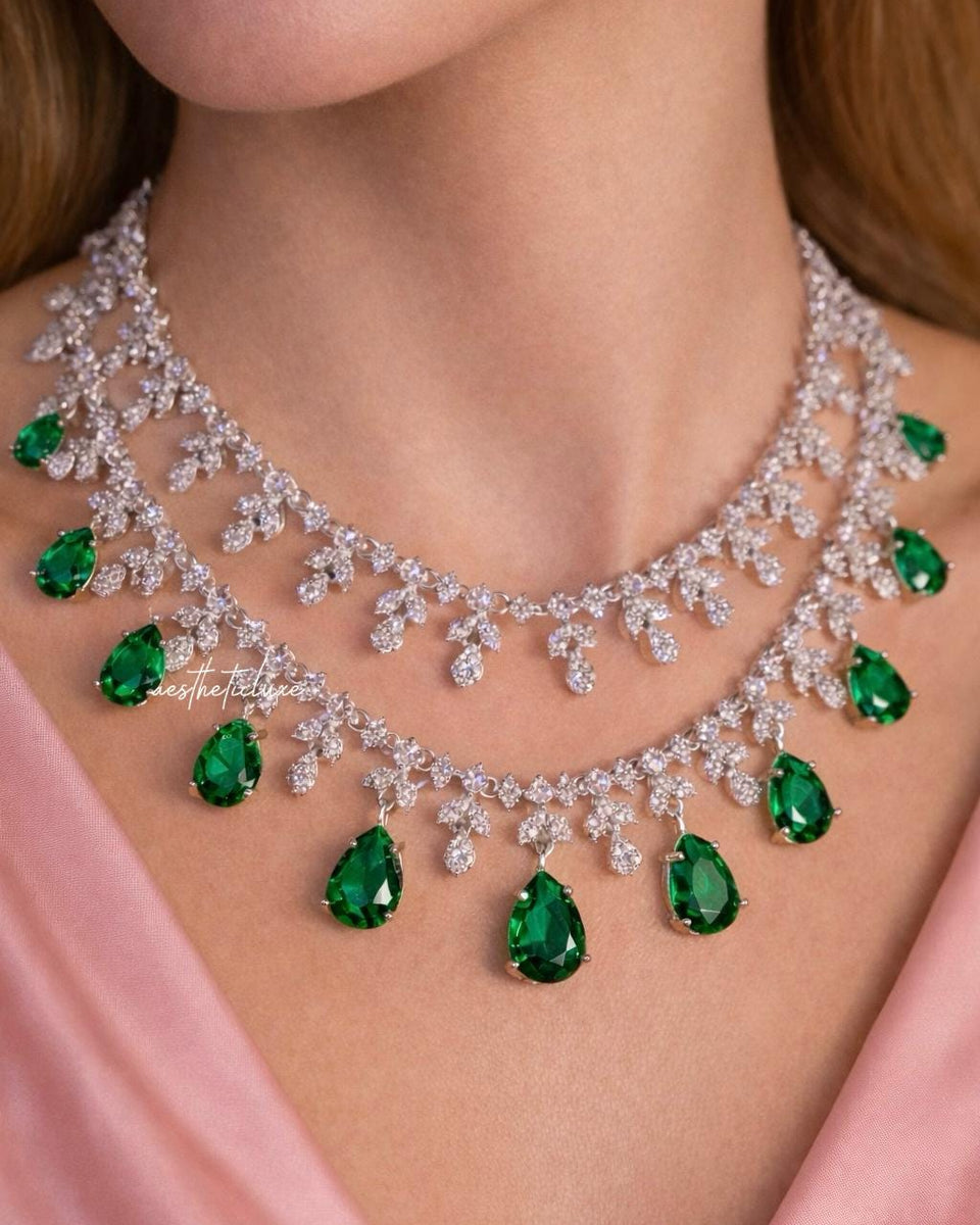 Tara Sutaria Inspired Emerald American Diamond 2 Layer Necklace Set with Earrings and Tikka | CZ AD Green Bridal Wedding Engagement Jewelry