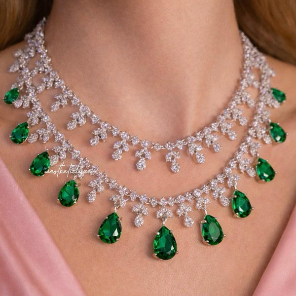 Tara Sutaria Inspired Emerald American Diamond 2 Layer Necklace Set with Earrings and Tikka | CZ AD Green Bridal Wedding Engagement Jewelry