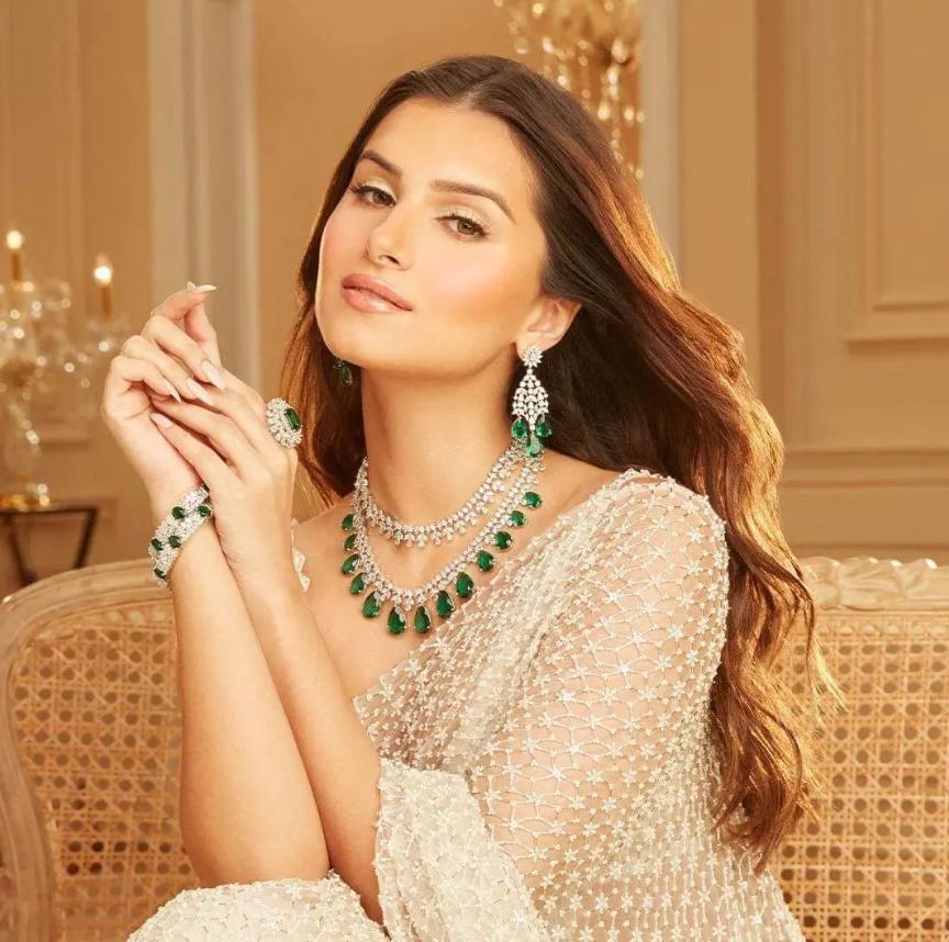 Tara Sutaria Inspired Emerald American Diamond 2 Layer Necklace Set with Earrings and Tikka | CZ AD Green Bridal Wedding Engagement Jewelry