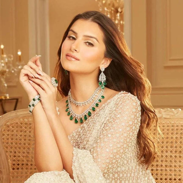 Tara Sutaria Inspired Emerald American Diamond 2 Layer Necklace Set with Earrings and Tikka | CZ AD Green Bridal Wedding Engagement Jewelry