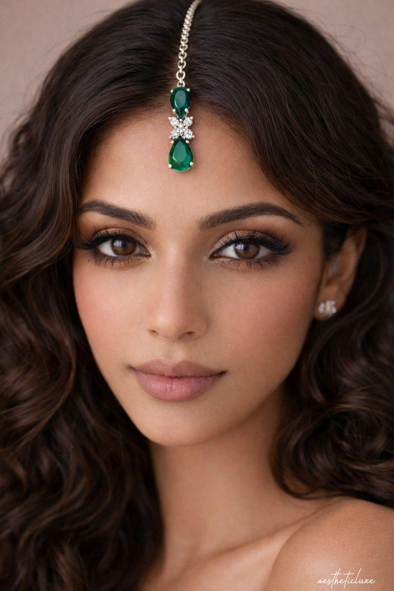 Tara Sutaria Inspired Emerald American Diamond 2 Layer Necklace Set with Earrings and Tikka | CZ AD Green Bridal Wedding Engagement Jewelry