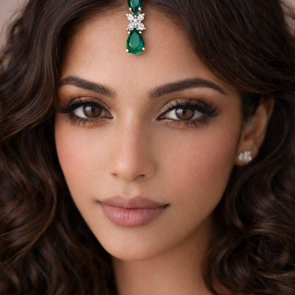 Tara Sutaria Inspired Emerald American Diamond 2 Layer Necklace Set with Earrings and Tikka | CZ AD Green Bridal Wedding Engagement Jewelry