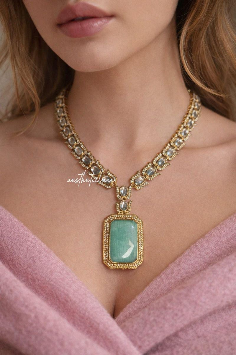 Green Emerald Doublet CZ Polki Kundan Necklace Set | 22K Gold Plated Bridal Jewelry Set