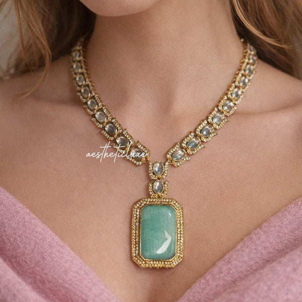 Green Emerald Doublet CZ Polki Kundan Necklace Set | 22K Gold Plated Bridal Jewelry Set