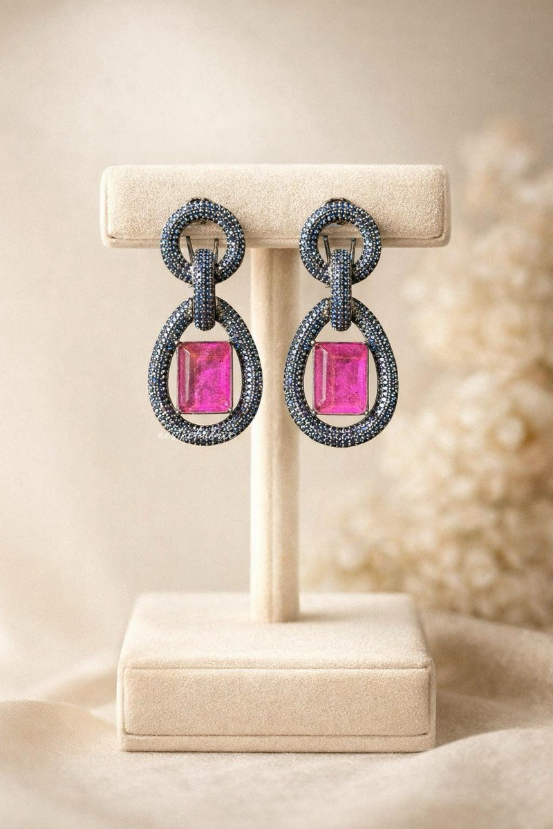 Statement Blue Nano Pave Crystals Earrings | Pink Art Deco Drop Earrings | Lightweight Designer Retro Glam Jewelry