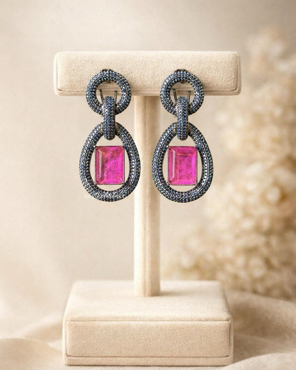 Statement Blue Nano Pave Crystals Earrings | Pink Art Deco Drop Earrings | Lightweight Designer Retro Glam Jewelry