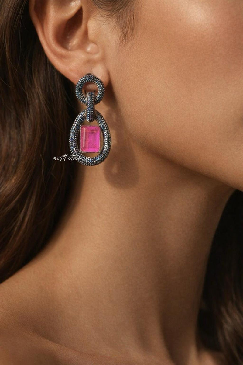 Statement Blue Nano Pave Crystals Earrings | Pink Art Deco Drop Earrings | Lightweight Designer Retro Glam Jewelry