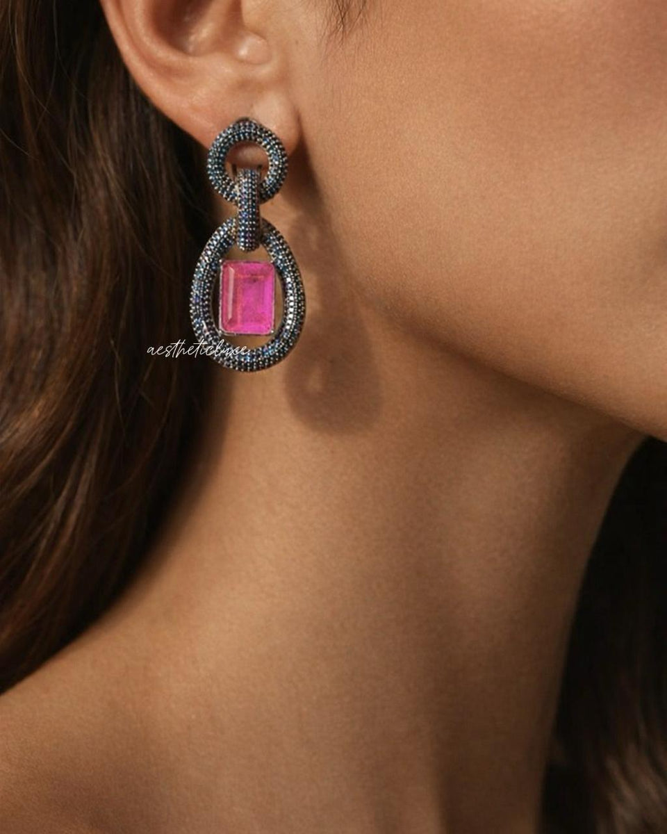 Statement Blue Nano Pave Crystals Earrings | Pink Art Deco Drop Earrings | Lightweight Designer Retro Glam Jewelry