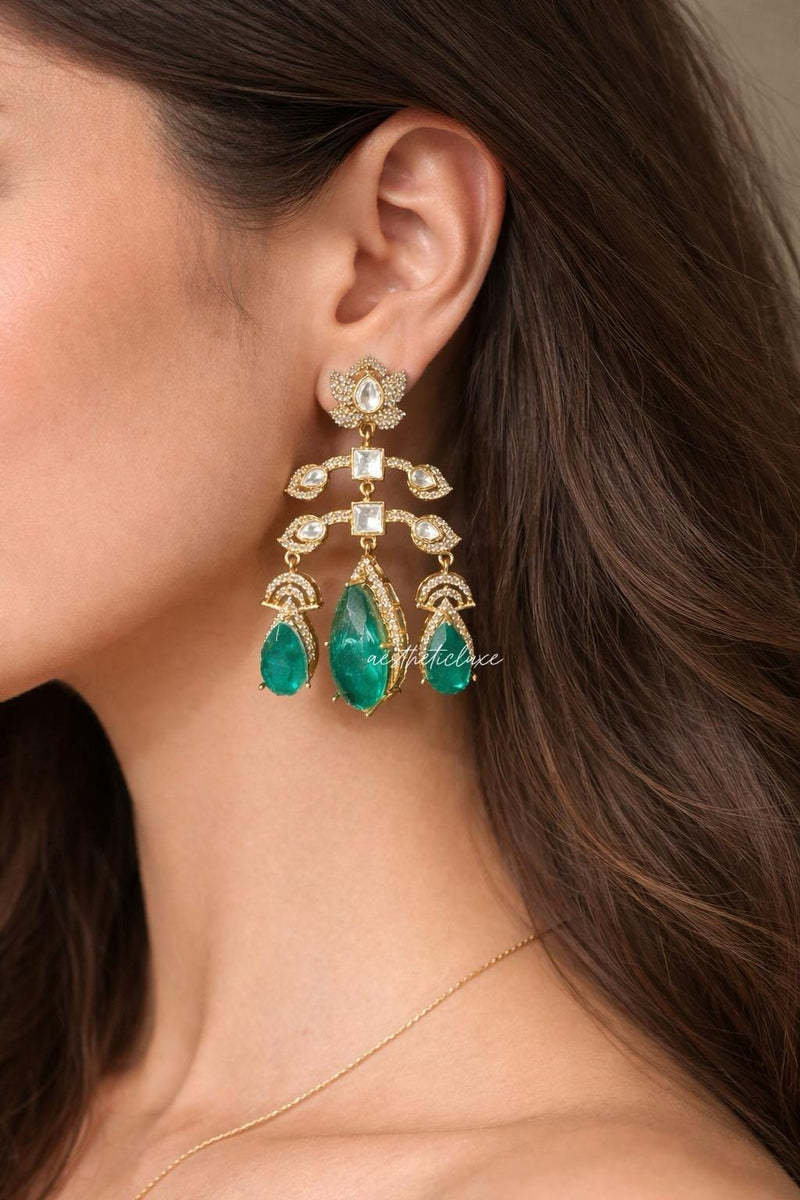 Emerald Green Kundan Chandelier Earrings | Gold Plated Statement Indian Bridal Earrings | Wedding & Festive Jewelry | Deepika Inspired