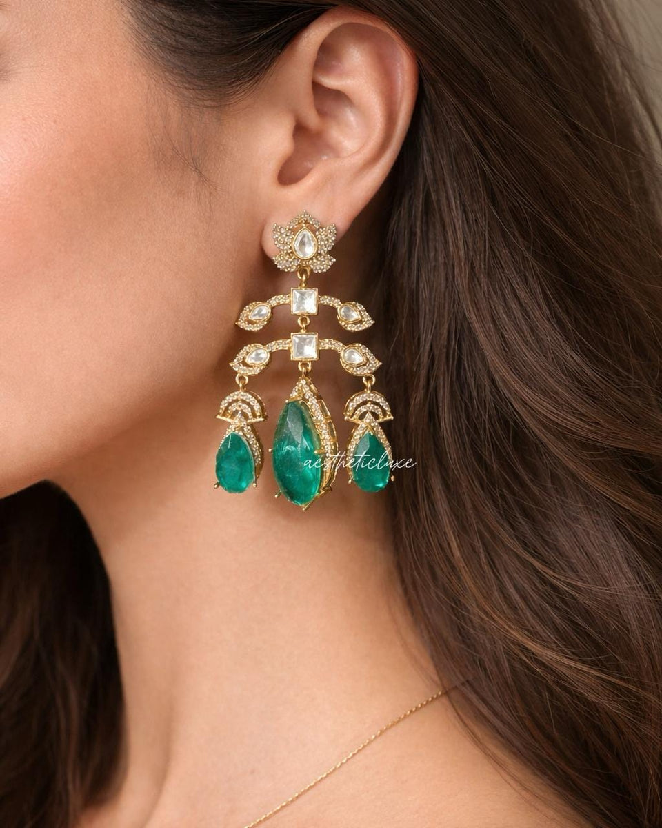 Emerald Green Kundan Chandelier Earrings | Gold Plated Statement Indian Bridal Earrings | Wedding & Festive Jewelry | Deepika Inspired