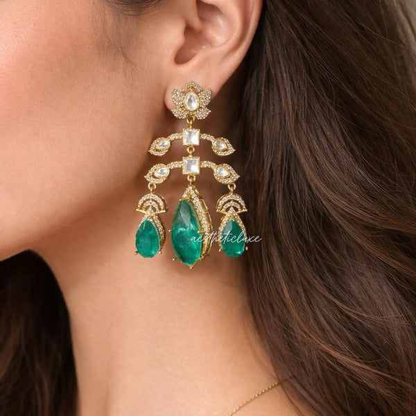 Emerald Green Kundan Chandelier Earrings | Gold Plated Statement Indian Bridal Earrings | Wedding & Festive Jewelry | Deepika Inspired