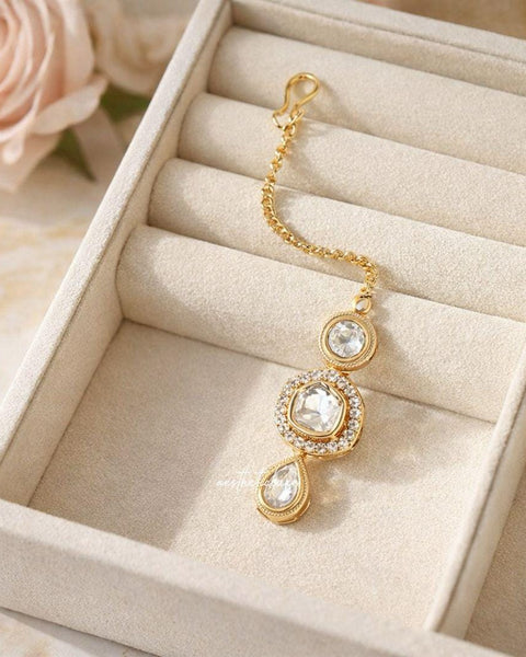 Gold Plated Polki Maang Tikka | White Kundan & Cubic Zirconia Headpiece | Indian Bridal Forehead Jewelry | Traditional Tikka