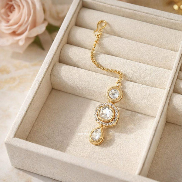 Gold Plated Polki Maang Tikka | White Kundan & Cubic Zirconia Headpiece | Indian Bridal Forehead Jewelry | Traditional Tikka