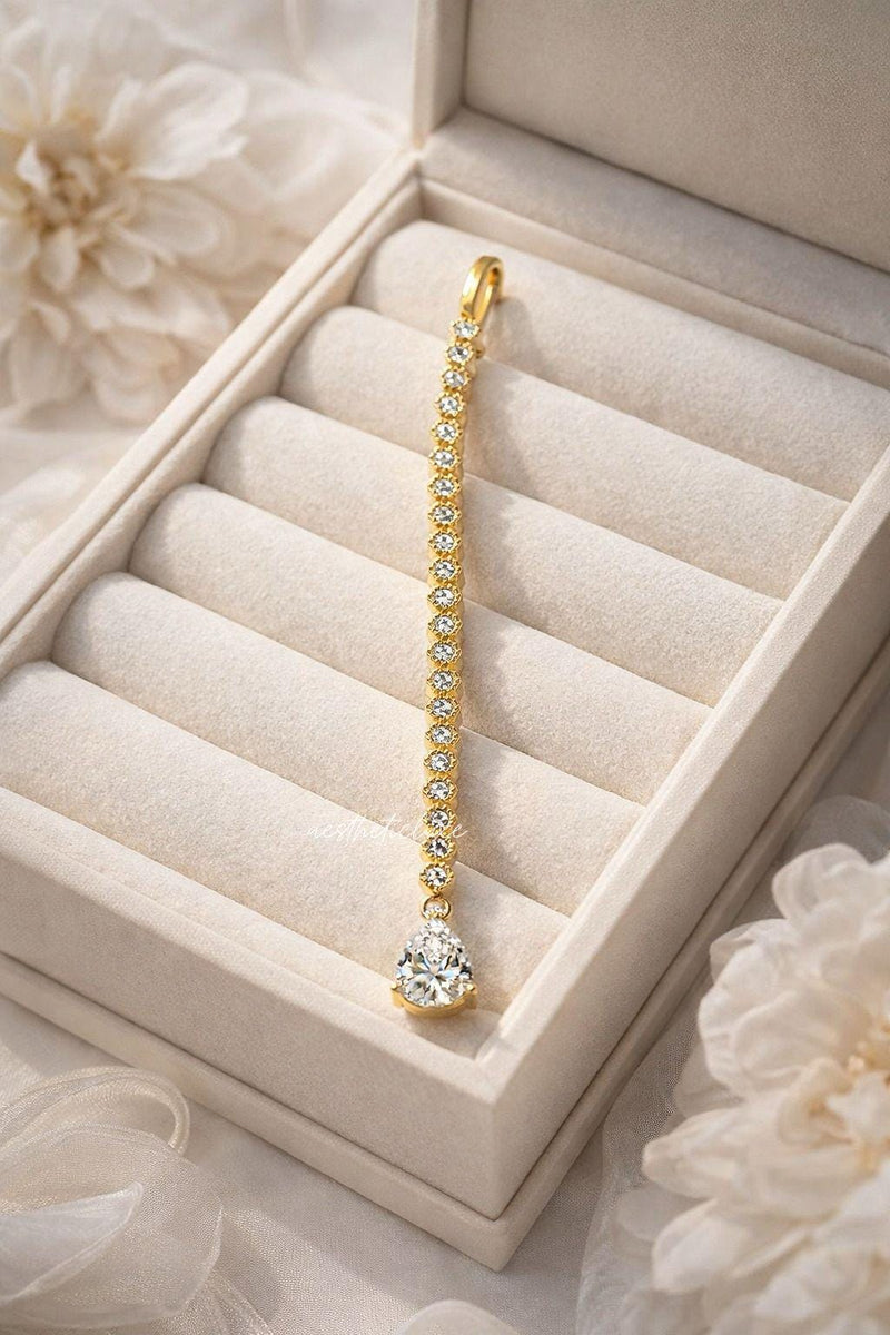 Gold Plated CZ Drop Maang Tikka | White Zircon Indian Bridal Forehead Jewelry | Minimal Wedding Maang Tikka | Traditional Kundan Style Tikka