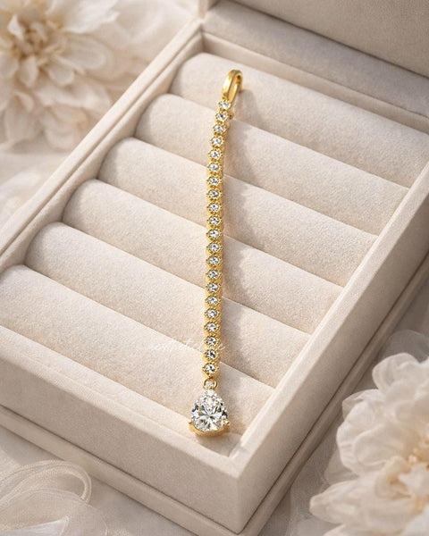Gold Plated CZ Drop Maang Tikka | White Zircon Indian Bridal Forehead Jewelry | Minimal Wedding Maang Tikka | Traditional Kundan Style Tikka