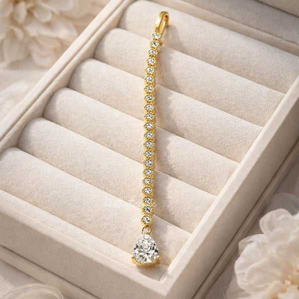 Gold Plated CZ Drop Maang Tikka | White Zircon Indian Bridal Forehead Jewelry | Minimal Wedding Maang Tikka | Traditional Kundan Style Tikka