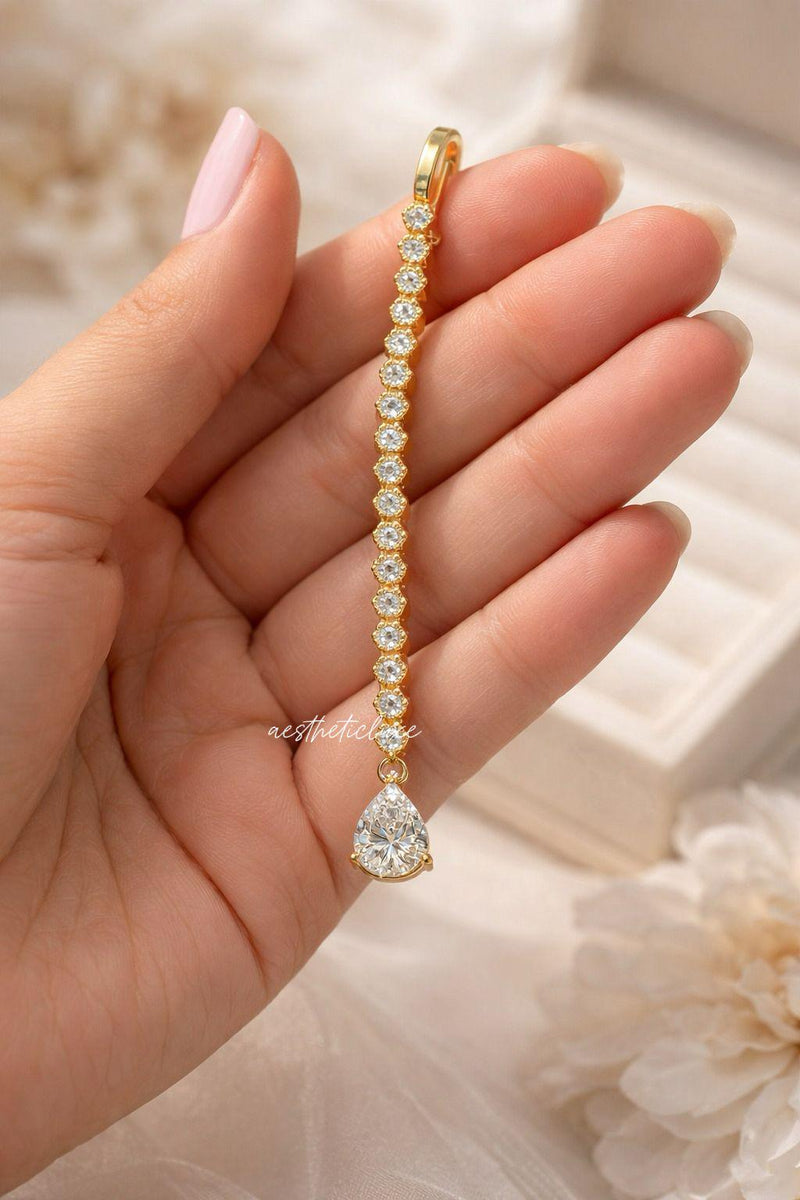 Gold Plated CZ Drop Maang Tikka | White Zircon Indian Bridal Forehead Jewelry | Minimal Wedding Maang Tikka | Traditional Kundan Style Tikka