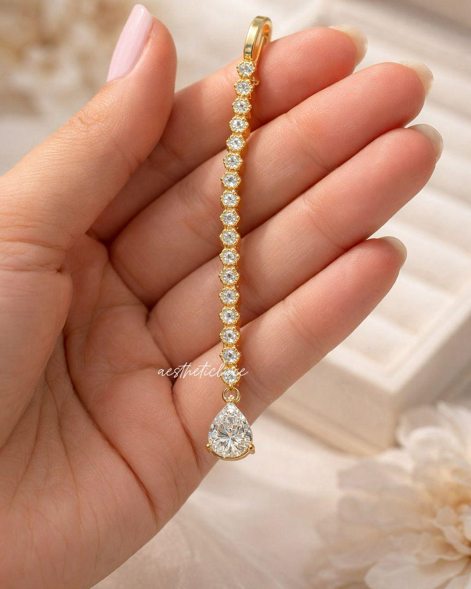 Gold Plated CZ Drop Maang Tikka | White Zircon Indian Bridal Forehead Jewelry | Minimal Wedding Maang Tikka | Traditional Kundan Style Tikka