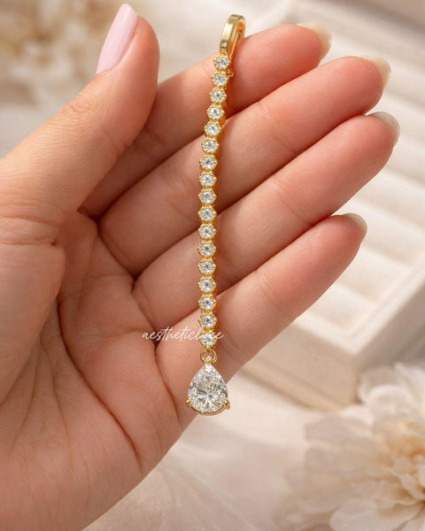 Gold Plated CZ Drop Maang Tikka | White Zircon Indian Bridal Forehead Jewelry | Minimal Wedding Maang Tikka | Traditional Kundan Style Tikka