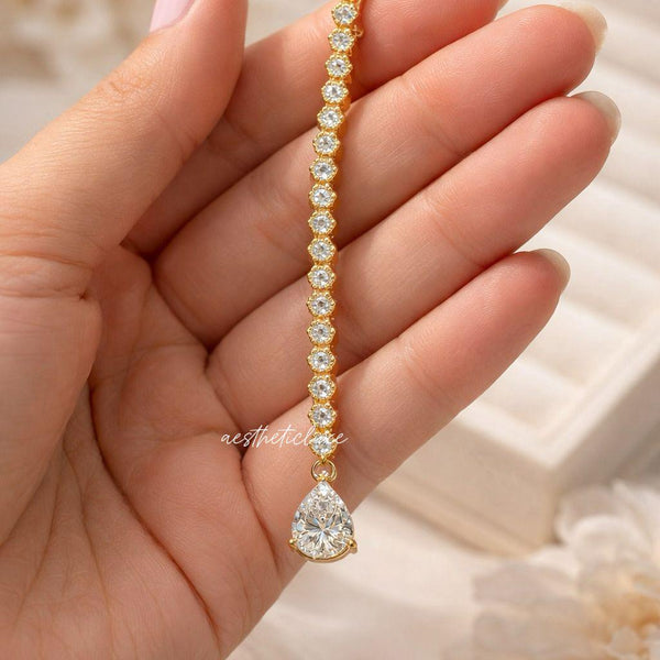 Gold Plated CZ Drop Maang Tikka | White Zircon Indian Bridal Forehead Jewelry | Minimal Wedding Maang Tikka | Traditional Kundan Style Tikka