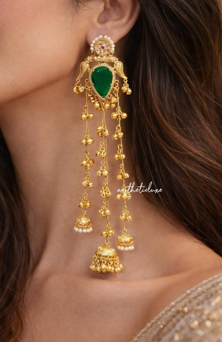 Kashmiri Green Emerald Earrings | Gold-Tone Kundan Indian Bridal Polki Jewelry | Sangeet Bride Earrings