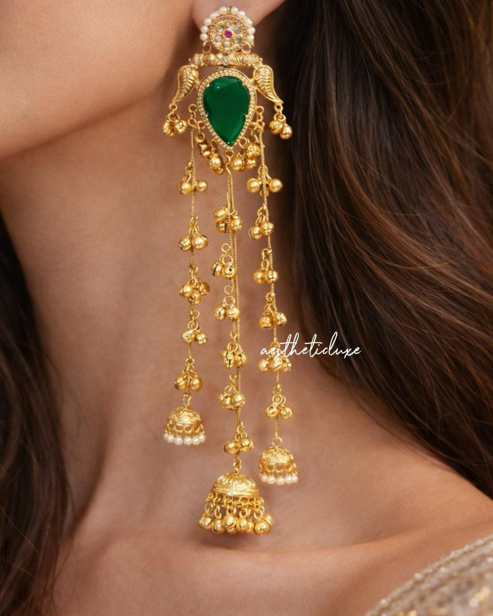 Kashmiri Green Emerald Earrings | Gold-Tone Kundan Indian Bridal Polki Jewelry | Sangeet Bride Earrings