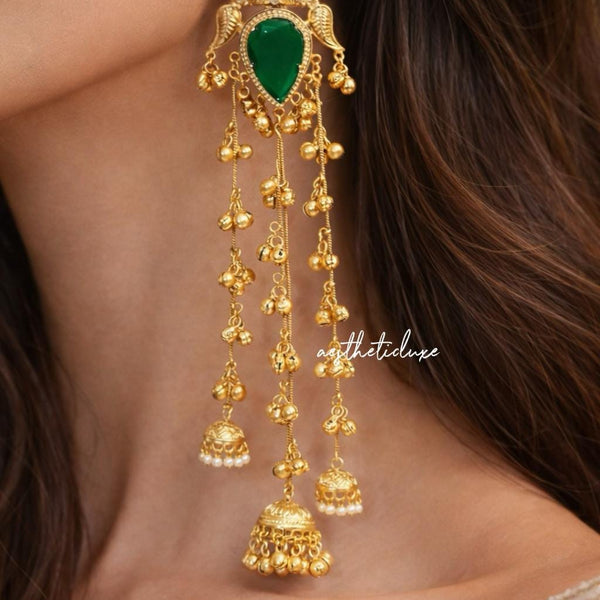 Kashmiri Green Emerald Earrings | Gold-Tone Kundan Indian Bridal Polki Jewelry | Sangeet Bride Earrings