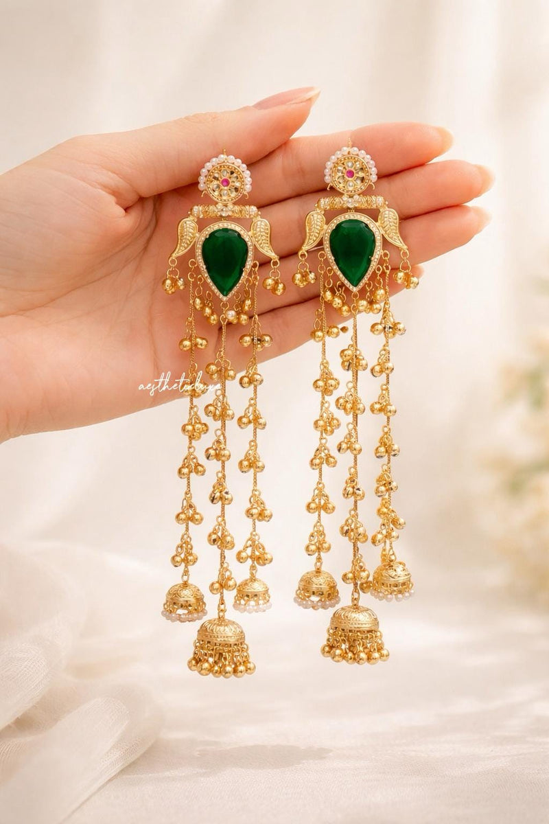 Kashmiri Green Emerald Earrings | Gold-Tone Kundan Indian Bridal Polki Jewelry | Sangeet Bride Earrings