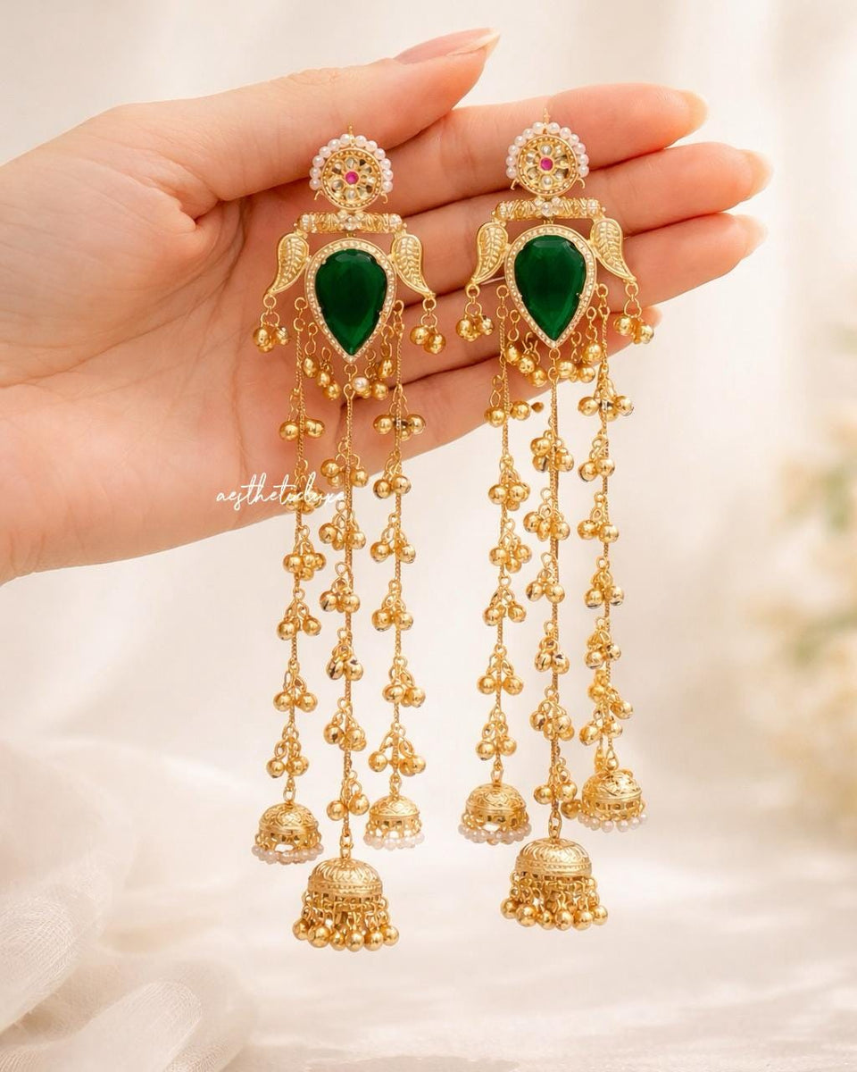 Kashmiri Green Emerald Earrings | Gold-Tone Kundan Indian Bridal Polki Jewelry | Sangeet Bride Earrings