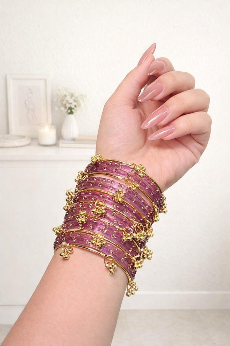 Purple Kashmiri Ghungroo Bangles Set | Ghungroo Gold Bangles | Purple Glass Bridal Churiya | Trending Bangles