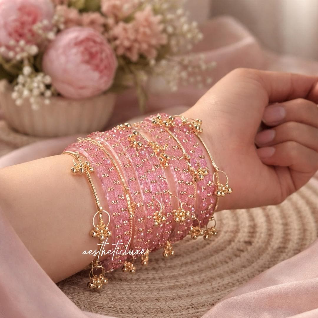Pink Kashmiri Ghungroo Bangles Set | Ghungroo Gold Bangles | Pink Glass Bridal Churiya |  Trending Bangles With Rose Pattern Detailing
