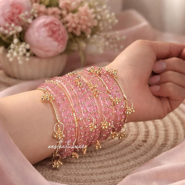 Pink Kashmiri Ghungroo Bangles Set | Ghungroo Gold Bangles | Pink Glass Bridal Churiya |  Trending Bangles With Rose Pattern Detailing