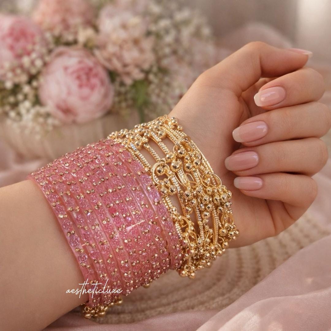 Pink Kashmiri Ghungroo Bangles Set | Ghungroo Gold Bangles | Pink Glass Bridal Churiya |  Trending Bangles With Rose Pattern Detailing
