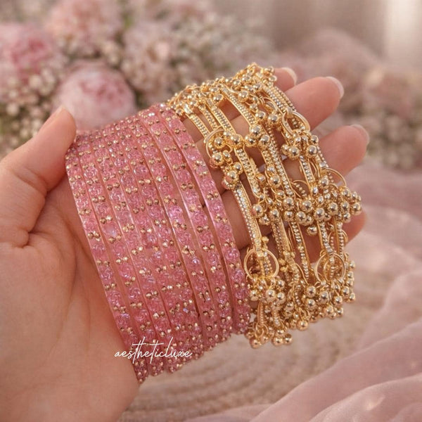 Pink Kashmiri Ghungroo Bangles Set | Ghungroo Gold Bangles | Pink Glass Bridal Churiya |  Trending Bangles With Rose Pattern Detailing