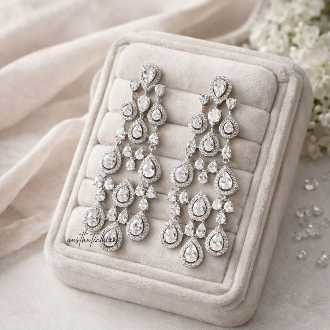 CZ Crystal Chandelier Bridal Zircon Earrings Silver | Long Pear Cut Halo Drop Wedding Reception Statement Jewelry | Diamond Look CZ Earrings