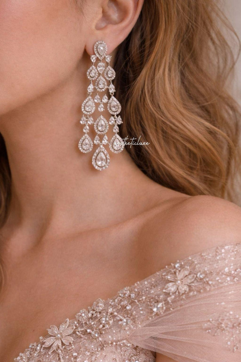 CZ Crystal Chandelier Bridal Zircon Earrings Silver | Long Pear Cut Halo Drop Wedding Reception Statement Jewelry | Diamond Look CZ Earrings