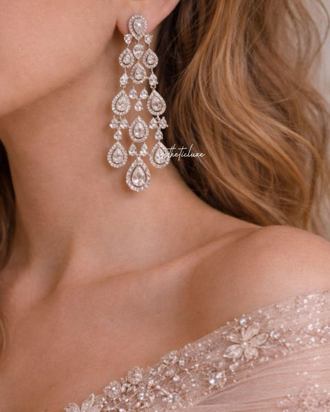 CZ Crystal Chandelier Bridal Zircon Earrings Silver | Long Pear Cut Halo Drop Wedding Reception Statement Jewelry | Diamond Look CZ Earrings