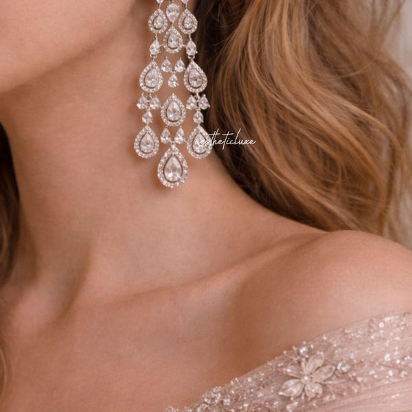 CZ Crystal Chandelier Bridal Zircon Earrings Silver | Long Pear Cut Halo Drop Wedding Reception Statement Jewelry | Diamond Look CZ Earrings