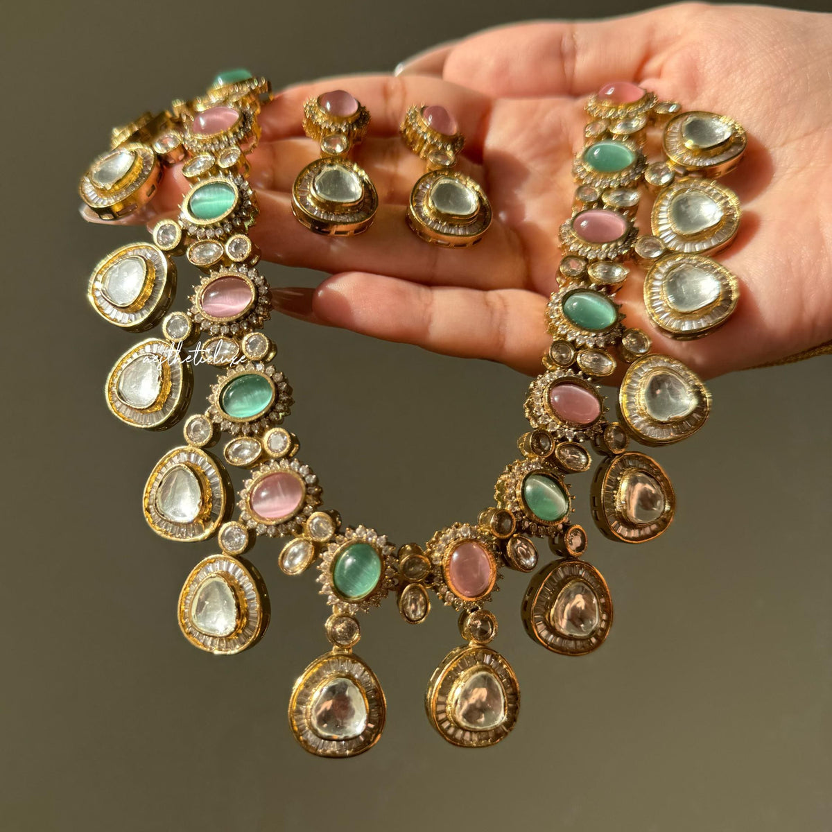 Pink Kundan Necklace Set with Earrings | Gold Plated Polki Bridal Jewelry Set | Pastel Stone Indian Wedding Statement Necklace