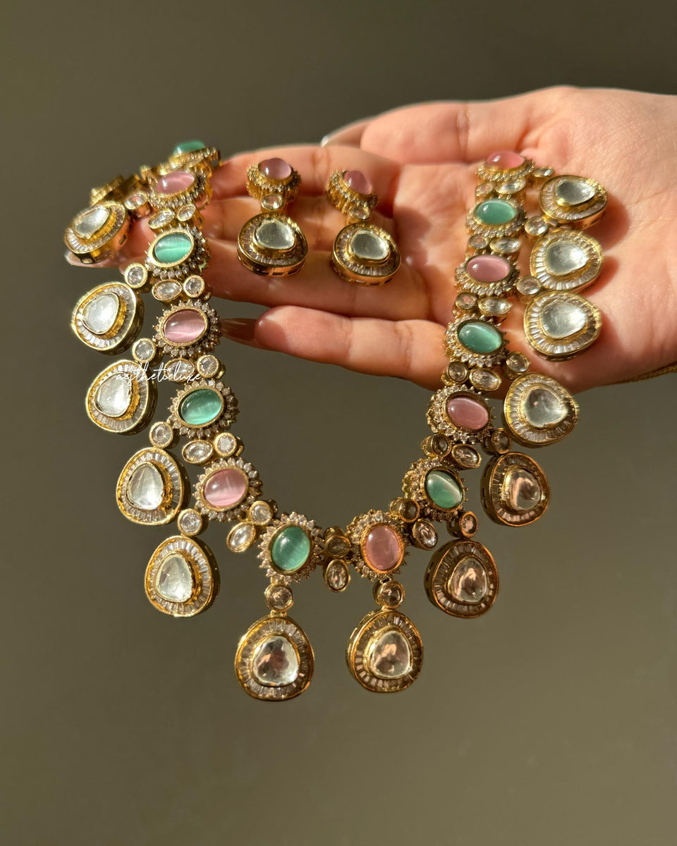 Pink Kundan Necklace Set with Earrings | Gold Plated Polki Bridal Jewelry Set | Pastel Stone Indian Wedding Statement Necklace