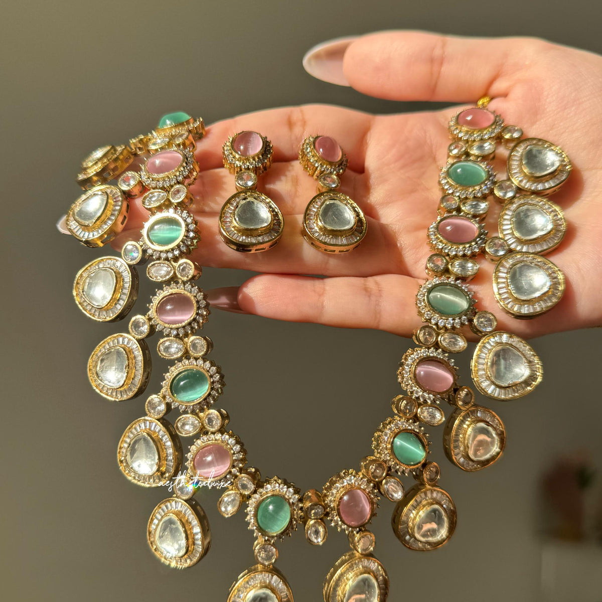 Pink Kundan Necklace Set with Earrings | Gold Plated Polki Bridal Jewelry Set | Pastel Stone Indian Wedding Statement Necklace