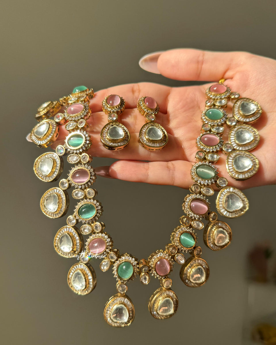 Pink Kundan Necklace Set with Earrings | Gold Plated Polki Bridal Jewelry Set | Pastel Stone Indian Wedding Statement Necklace