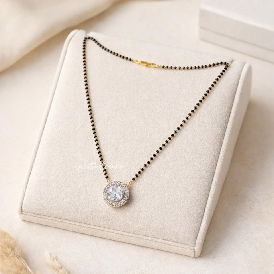 Mangalsutra Zircon Solitaire Necklace Chain Gold Plated | Kiara Advani Inspired | Modern Dainty Black Beads | Wedding Jewelry Gift for Wife