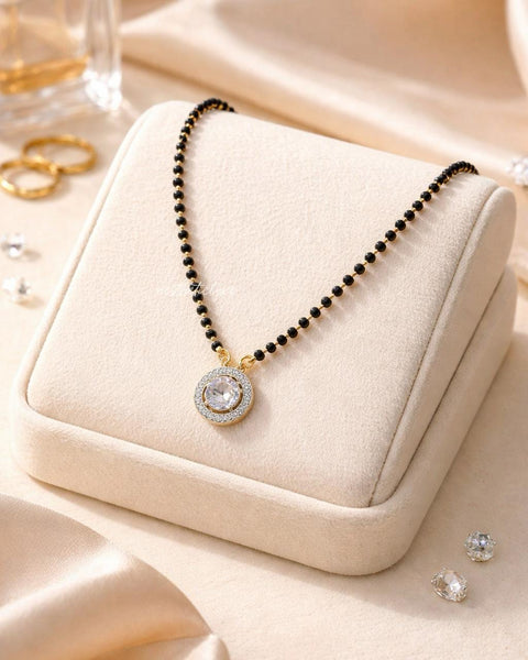 Mangalsutra Zircon Solitaire Necklace Chain Gold Plated | Kiara Advani Inspired | Modern Dainty Black Beads | Wedding Jewelry Gift for Wife