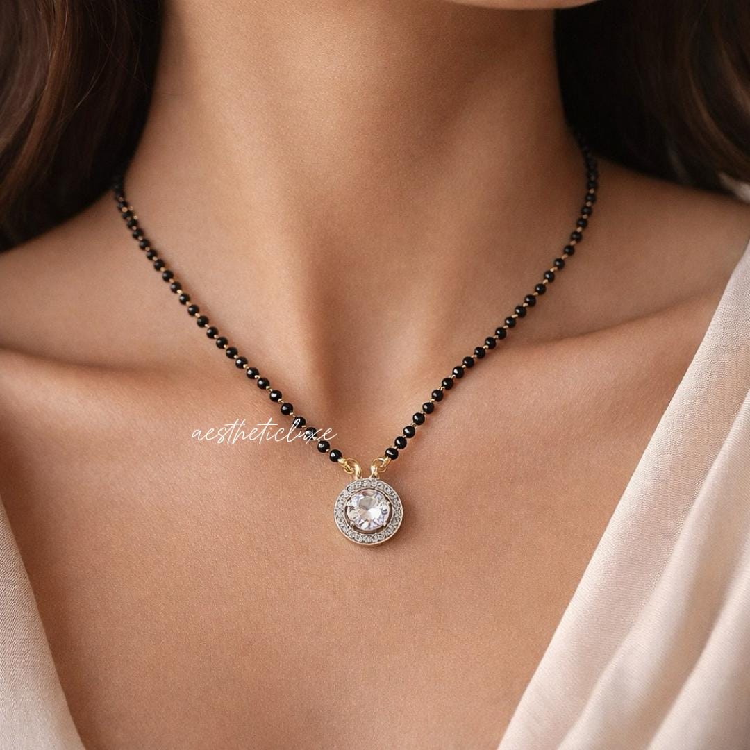 Mangalsutra Zircon Solitaire Necklace Chain Gold Plated | Kiara Advani Inspired | Modern Dainty Black Beads | Wedding Jewelry Gift for Wife